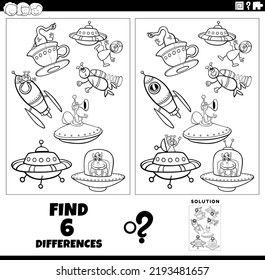 Black and white cartoon illustration of finding the differences between pictures educational game with fantasy alien characters in space coloring page