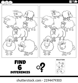 Black and white cartoon illustration of finding the differences between pictures educational game with sheep farm animal characters coloring page