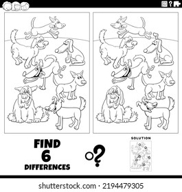 Black and white cartoon illustration of finding the differences between pictures educational task with dogs animal characters coloring page