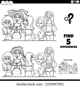 Black and white cartoon illustration of finding the differences between pictures educational game with comic woman characters group coloring page