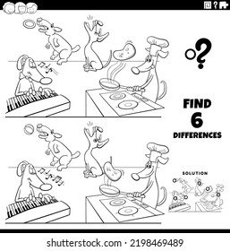 Black and white cartoon illustration of finding the differences between pictures educational game with comic dogs animal characters group coloring page