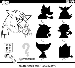 Black and white cartoon illustration of finding the right picture to the shadow educational game with werewolf character on Halloween time coloring page