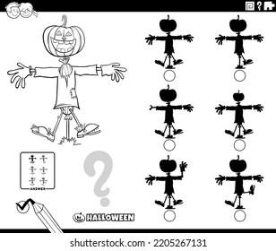 Black and white cartoon illustration of finding the shadow without differences educational game with scarecrow character on Halloween time coloring page