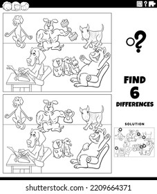 Black and white cartoon illustration of finding the differences between pictures educational game with comic dogs animal characters group coloring page