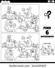 Black and white cartoon illustration of finding the differences between pictures educational activity with comic dogs animal characters group coloring page