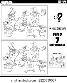Black and white cartoon illustration of finding differences between pictures educational game for children with funny animal characters on Christmas time coloring page