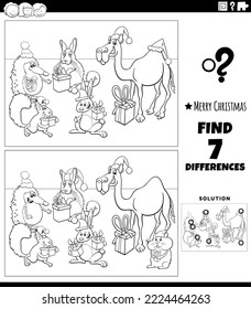 Black and white cartoon illustration of finding differences between pictures educational game for children with animal characters on Christmas time coloring page