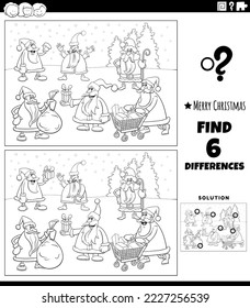 Black and white cartoon illustration of finding differences between pictures educational game for children with Santa Clauses characters on Christmas time coloring page