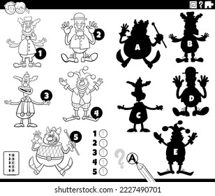 Black and white cartoon illustration of finding the right shadows to the pictures educational game for children with clowns characters coloring page