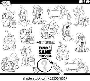 Dibujo de caricatura en blanco y negro que muestra dos imágenes de la misma tarea educativa con perros y gatos graciosos con página de color de regalos de Navidad