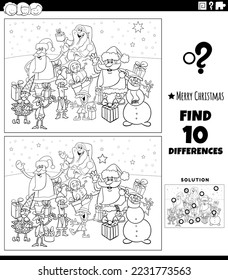 Black and white cartoon illustration of finding differences between pictures educational game with Santa Clauses characters on Christmas time coloring page