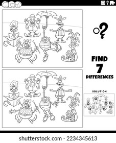 Ilustración de dibujos animados en blanco y negro para encontrar las diferencias entre imágenes juego educativo con payasos graciosos página de color de grupo