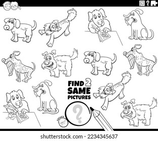 Black and white cartoon illustration of finding two same pictures educational game with comic dogs animal characters coloring page