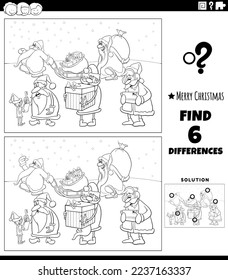 Black and white cartoon illustration of finding differences between pictures educational game for children with Santa Clauses characters on Christmas time coloring page