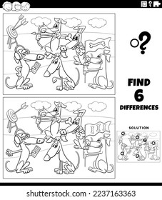 Black and white cartoon illustration of finding the differences between pictures educational game with funny dogs animal characters group coloring page