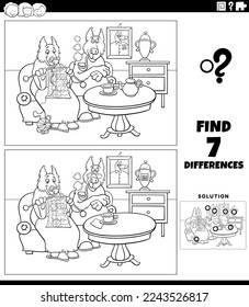 Black and white cartoon illustration of finding the differences between pictures educational game with funny senior dogs couple at home coloring page