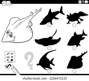 Black and white cartoon illustration of finding the right picture to the shadow educational game for children with xyster fish or guitarfish animal character coloring page