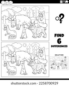 Black and white cartoon illustration of finding the differences between pictures educational game with wild animal characters group coloring page