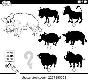 Black and white cartoon illustration of finding the right picture to the shadow educational game with wild boar animal character coloring page