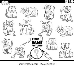 Black and white cartoon illustration of finding two same pictures educational task with cats animal characters coloring page