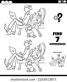Black and white cartoon illustration of finding the differences between pictures educational game with couple on a bench in the park with dog coloring page