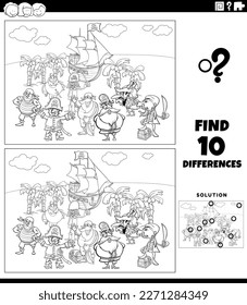 Black and white cartoon illustration of finding the differences between pictures educational game with pirates characters group on treasure island coloring page