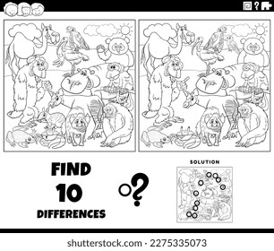 Black and white cartoon illustration of finding the differences between pictures educational game with comic wild animal characters coloring page