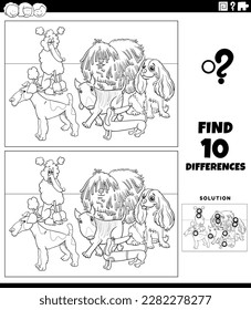 Black and white cartoon illustration of finding the differences between pictures educational game with purebred dogs animal characters coloring page