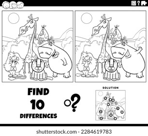 Black and white cartoon illustration of finding the differences between pictures educational game with Safari animal characters group coloring page