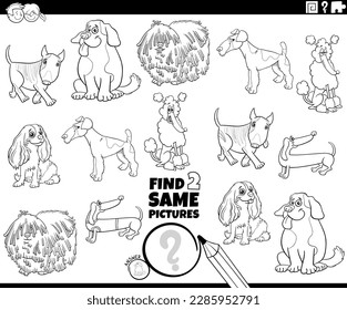 Black and white cartoon illustration of finding two same pictures educational activity with comic purebred dogs characters coloring page