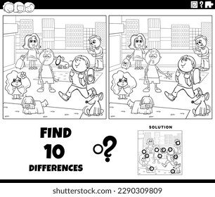 Black and white cartoon illustration of finding the differences between pictures educational game with children with pets characters group in the city coloring page