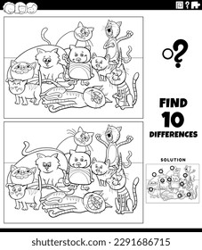 Black and white cartoon illustration of finding the differences between pictures educational game with cats animal characters group coloring page
