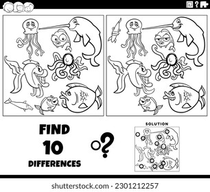 Black and white cartoon illustration of finding the differences between pictures educational game with marine animal characters coloring page