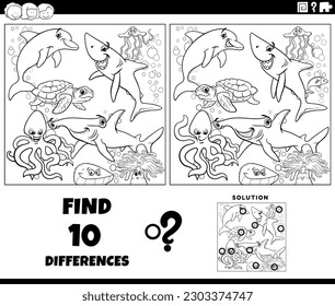 Black and white cartoon illustration of finding the differences between pictures educational game with marine animal characters coloring page