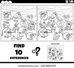 Black and white cartoon illustration of finding the differences between pictures educational game with animal characters coloring page
