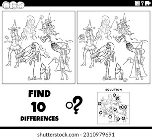 Black and white cartoon illustration of finding the differences between pictures educational activity with witches fantasy characters coloring page