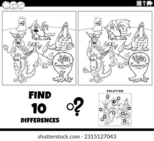 Black and white cartoon illustration of finding the differences between pictures educational game with monsters fantasy characters coloring page
