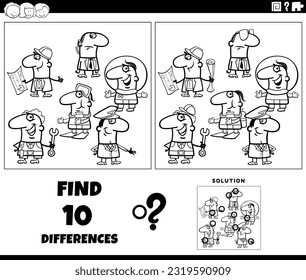 Black and white cartoon illustration of finding the differences between pictures educational game with people of different professions characters group coloring page