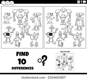 Black and white cartoon illustration of finding the differences between pictures educational game with robots characters group coloring page