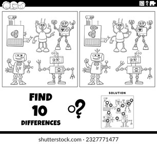 Black and white cartoon illustration of finding the differences between pictures educational activity with robots characters group coloring page