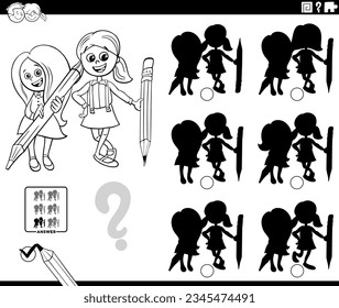 Black and white Cartoon illustration of finding the shadow without differences educational game with two girls and pencils coloring page