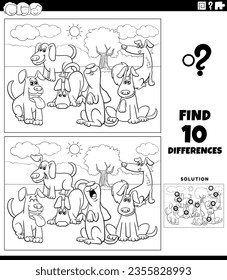 Black and white cartoon illustration of finding the differences between pictures educational game with funny dogs animal characters group coloring page