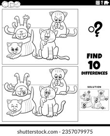 Black and white cartoon illustration of finding the differences between pictures educational game with funny cats or kittens comic animal characters group coloring page