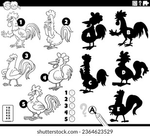 Black and white cartoon illustration of finding the right shadows to the pictures educational game with roosters birds farm animal characters coloring page