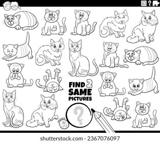 Black and white cartoon illustration of finding two same pictures educational activity with comic cats animal characters coloring page