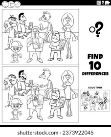 Black and white cartoon illustration of finding the differences between pictures educational activity with people characters with phones and electronic devices coloring page
