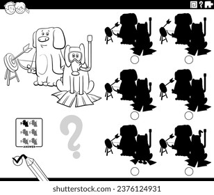 Black and white cartoon illustration of finding the right picture to the shadow educational game with funny dogs coloring page