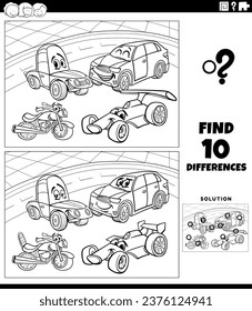 Black and white cartoon illustration of finding the differences between pictures educational activity with vehicle characters coloring page