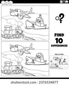 Black and white cartoon illustration of finding the differences between pictures educational activity with transportation vehicle characters coloring page