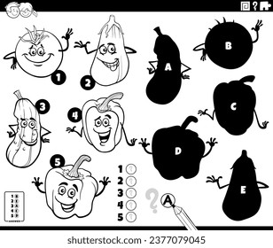Ilustración de dibujos en blanco y negro de encontrar las sombras correctas en las imágenes juego educativo con personajes cómicos de frutas y verduras color página